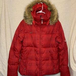 Like-new Women’s Columbia Sportswear red plaid coat with faux fur trim hood.